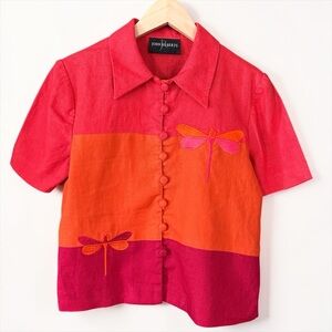 John Roberts Colorblock Dragonfly Short-Sleeve Dragonfly Button Up Top